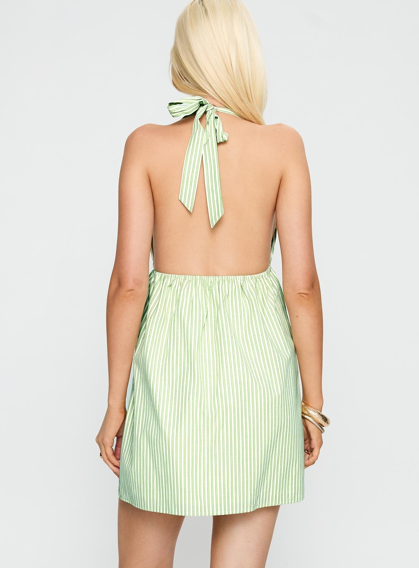 Estefani Halter Mini Dress Green Stripe Product Image