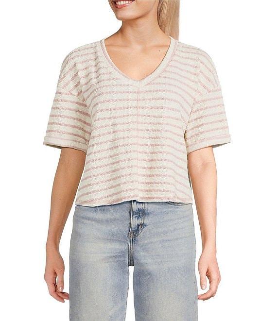 Moa Moa Striped V-Neck Short Sleeve Top Product Image