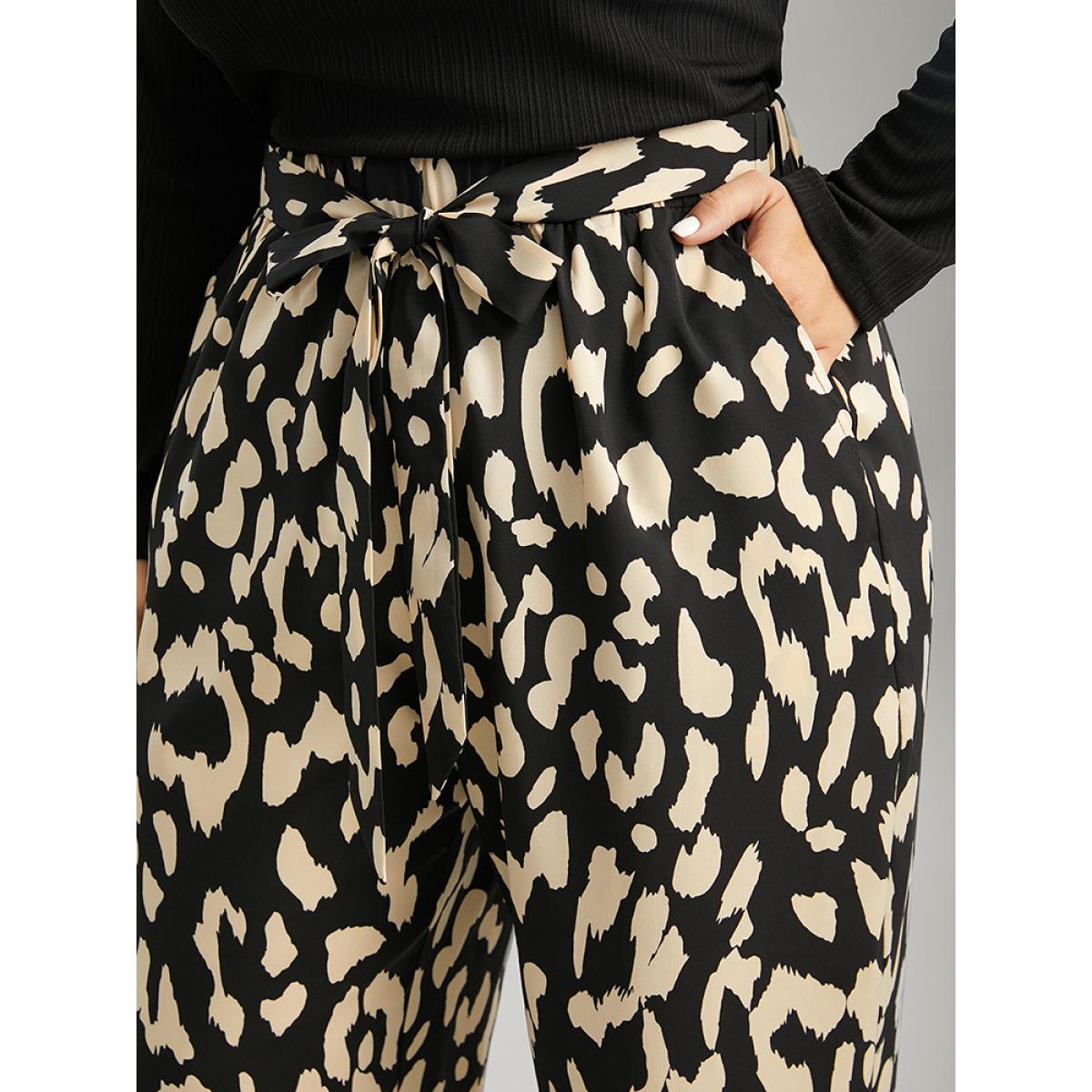 Plus Size Leopard Elastic Waist Ties Wide Leg Pants Women Black Casual Wide Leg High Rise Dailywear Pants BloomChic 28/5X Product Image