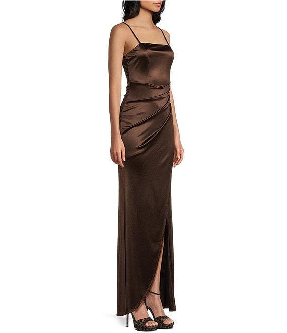 Honey and Rosie Spaghetti-Strap Square-Neck Faux-Wrap Slit Hem Stretch Satin Long Dress Product Image