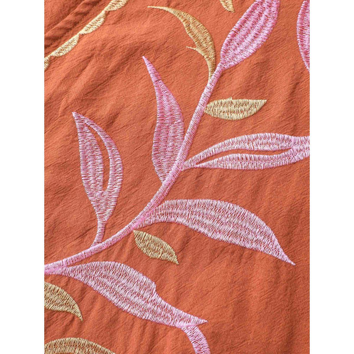 Plus Size Cotton Leafy Embroidery Color Contrast Midi Dress OrangeRed Women Boho V-neck Short sleeve Curvy BloomChic 14-16/1X Product Image