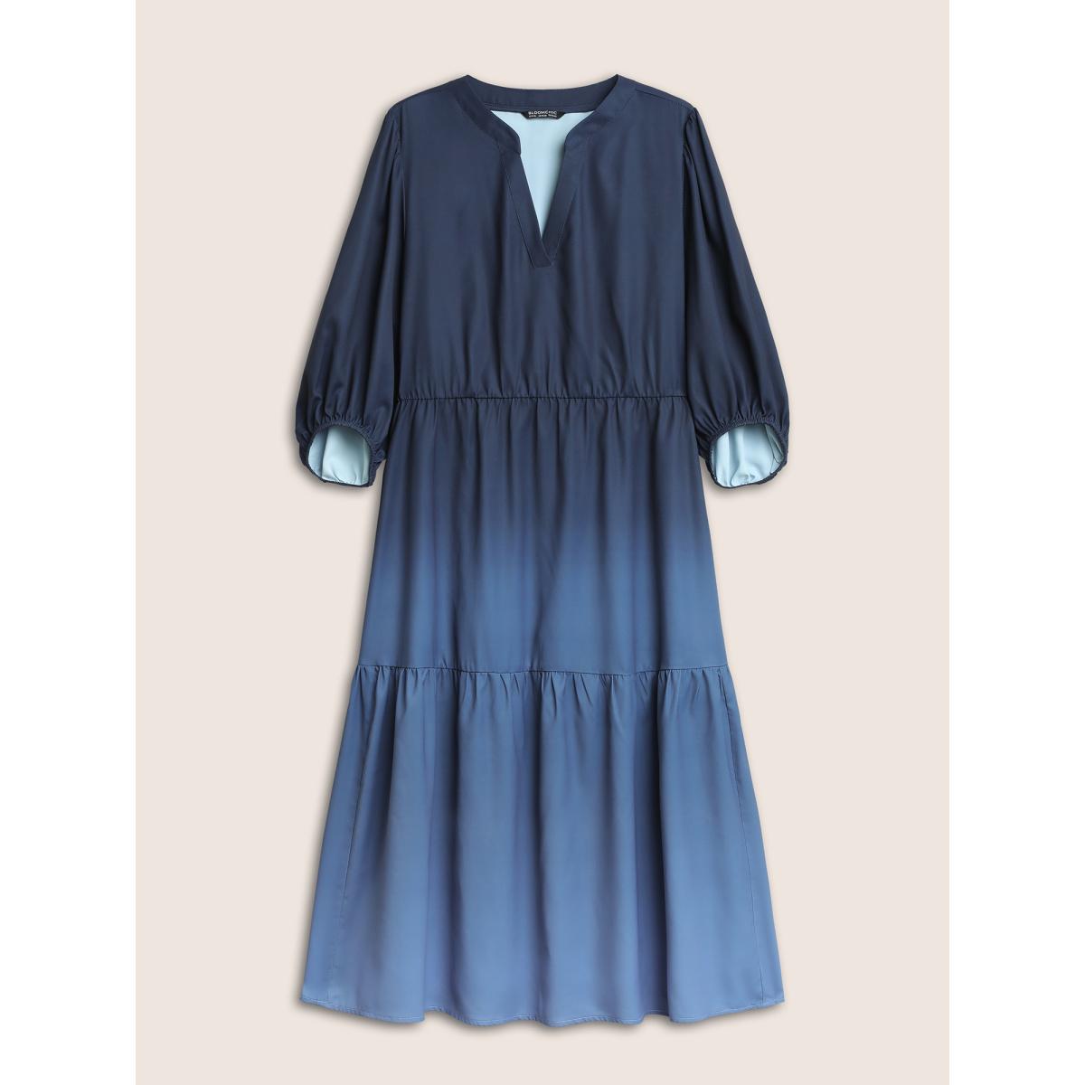 Plus Size Ombre Gathered Layered Notched Elastic Cuffs Dress Indigo Women Casual Non Notched collar Elbow-length sleeve Curvy Midi Dress BloomChic 26/4X Product Image