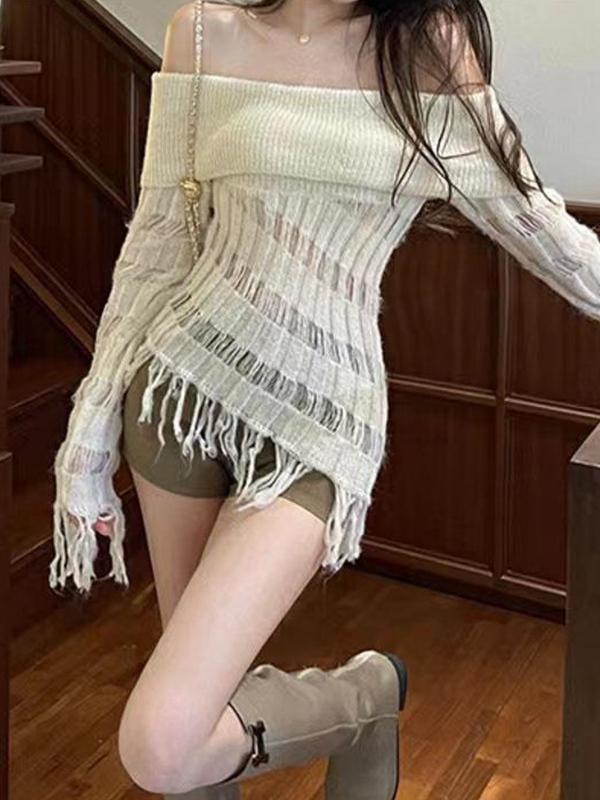 Solid Cutout Off Shoulder Tassel Long Sleeve Knit Product Image