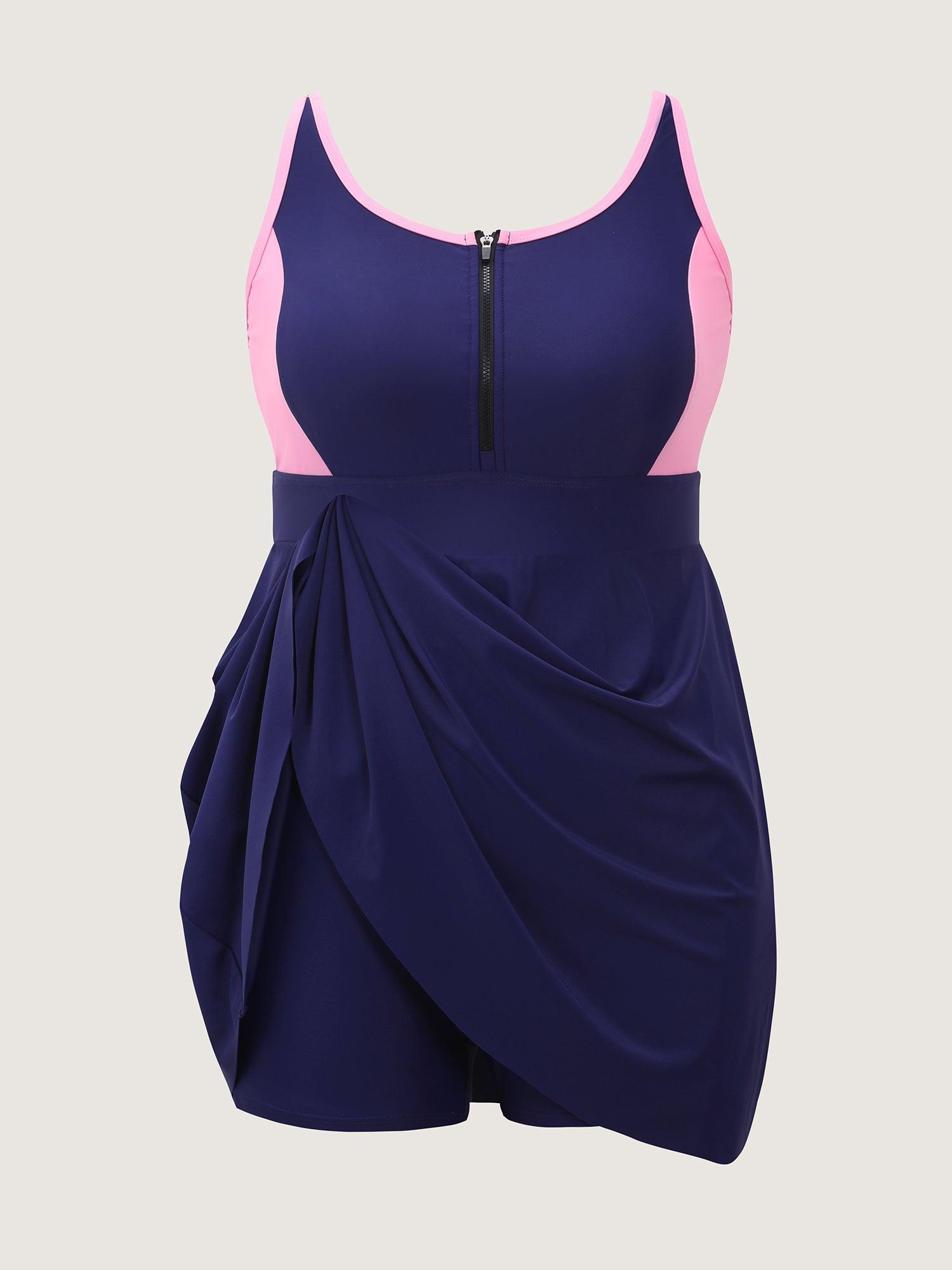 Colorblock Contrast Zipper Front Swim Dress Female Product Image