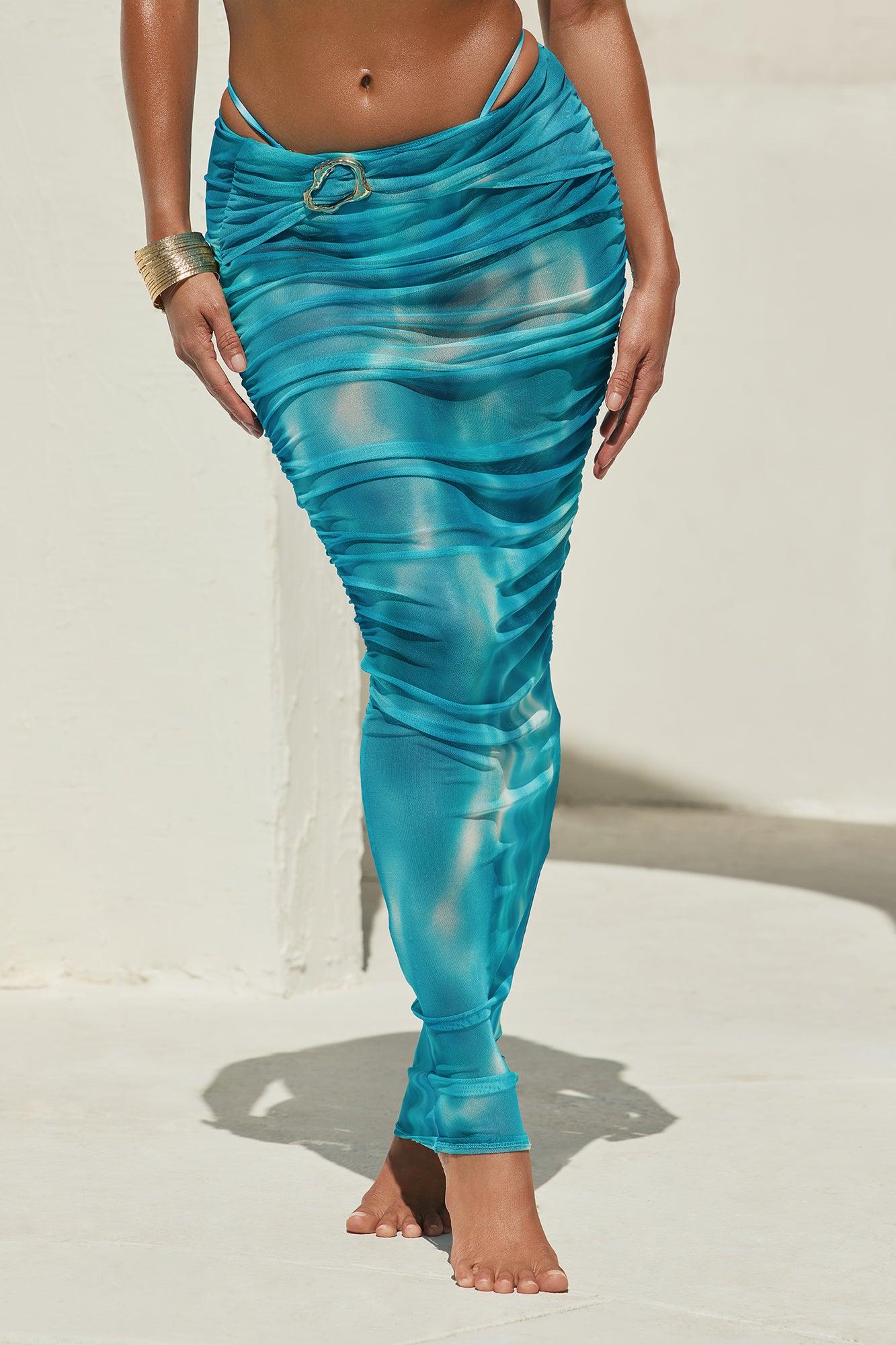 Sultry Summer Hardware Ruched Mesh Cover Up Maxi Skirt - Blue/combo Product Image