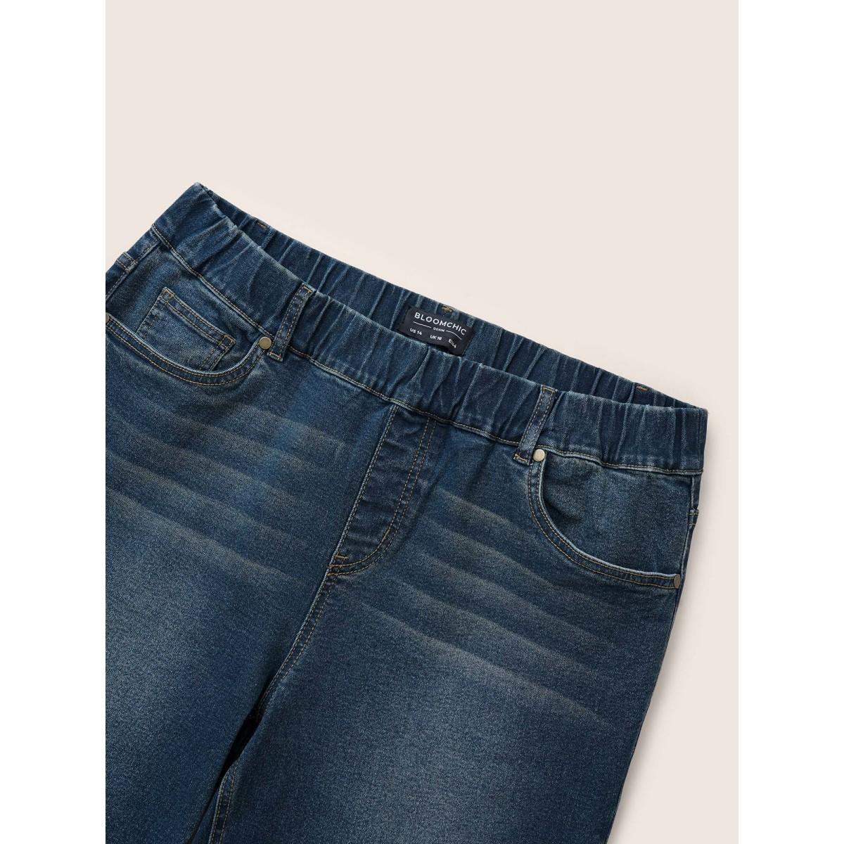 Plus Size Elastic Waist Roll Hem Ankle Jeans Women Aegean Casual Plain Non High stretch Slanted pocket Jeans BloomChic 14/1X Product Image