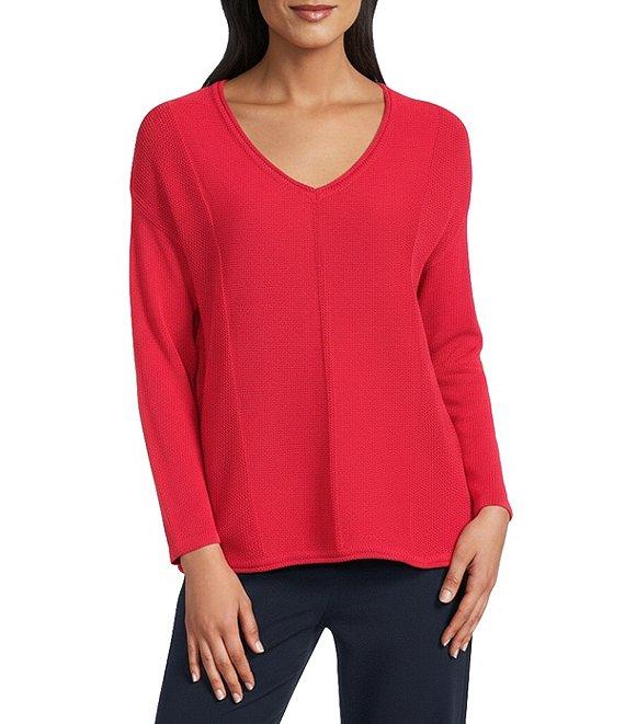 Investments Petite Size Textured 3/4 Sleeve V-Neck Sweater Product Image