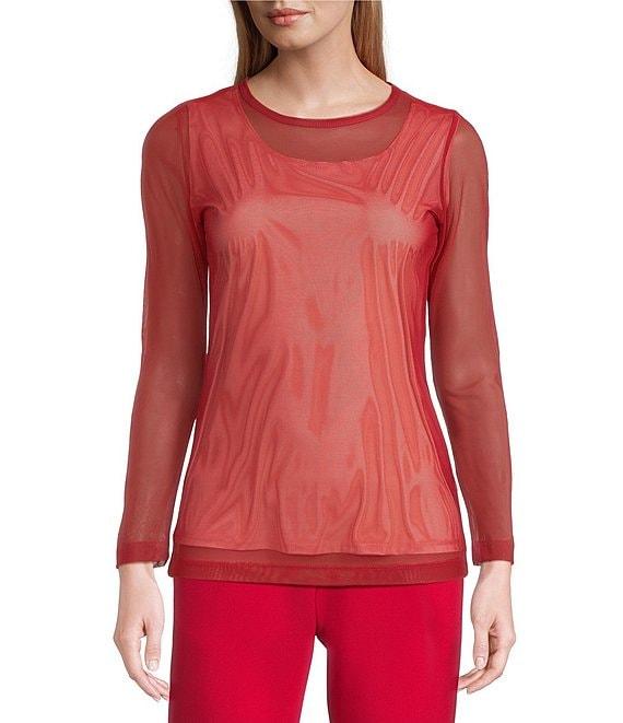 IC Collection Sheer Mesh Crew Neck Long Sleeve Knit Top Product Image