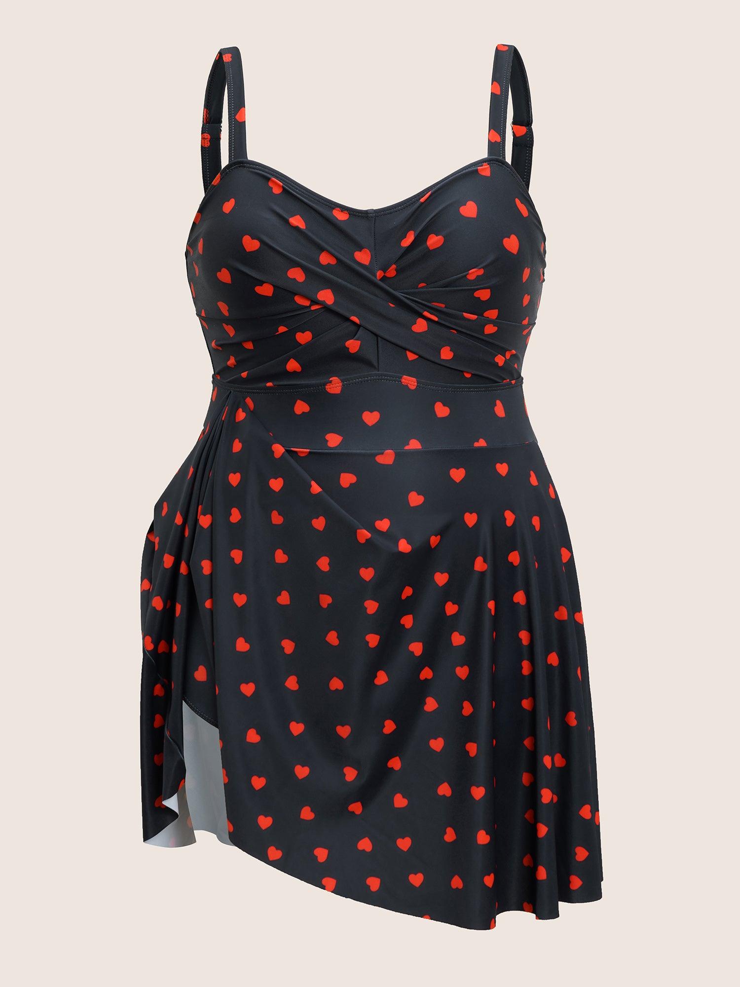Heart Print Crossover Adjustable Straps Swim Dress Female Product Image