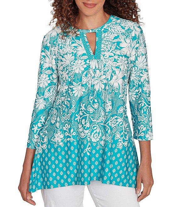 Ruby Rd. Knit Floral Border Print Keyhole Neck 3/4 Sleeve Top Product Image
