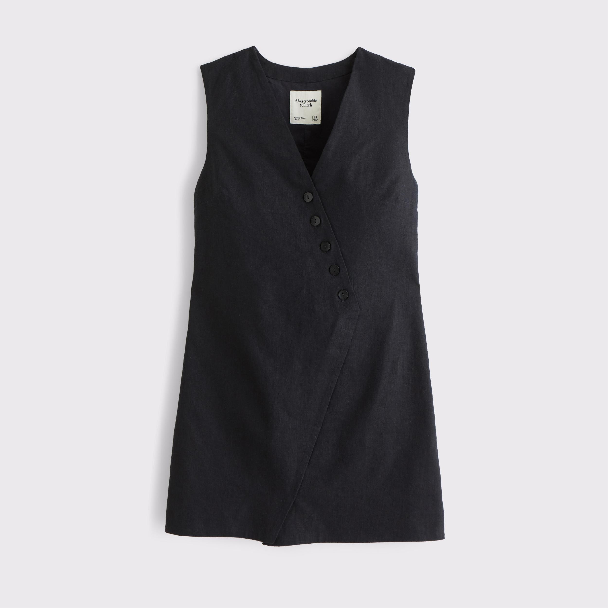 Linen-Blend V-Neck Button Mini Dress Product Image