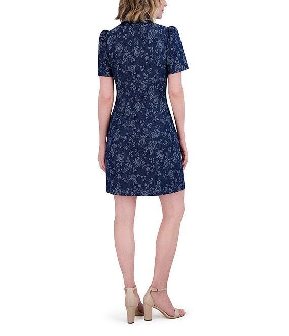 Eliza J Denim Floral Print Point Collar Neck Short Sleeve Rhinestoned Button Front Shirt Mini Dress Product Image