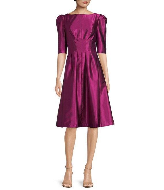 Kay Unger Boat Neck Short Puffed Sleeve Jacquard A-Line Dress Product Image