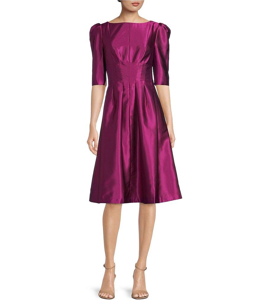 Kay Unger Boat Neck Short Puffed Sleeve Jacquard A-Line Dress Product Image