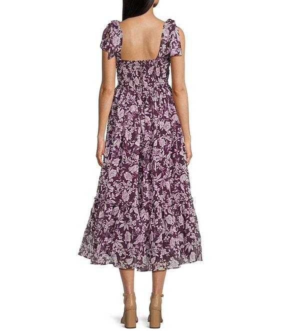 B. Darlin Sleeveless Floral Print Tie Shoulder Sweetheart Neck Shirred Midi Dress Product Image