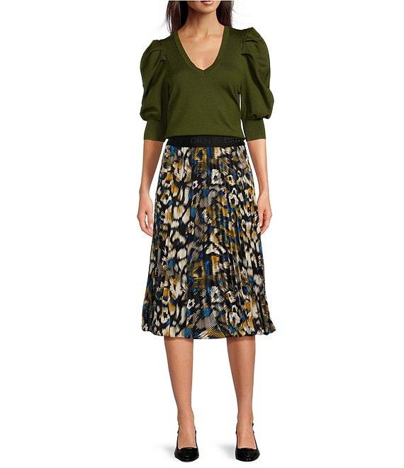 DKNY by Donna Karan Short Pleated Puffed Elbow Sleeve V-Neck Knit Top Product Image