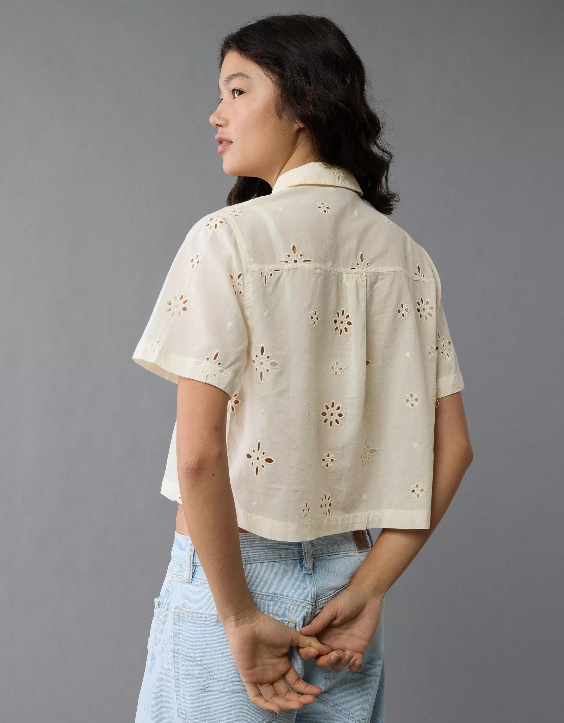 AE Short-Sleeve Embroidered Button-Up Shirt Product Image