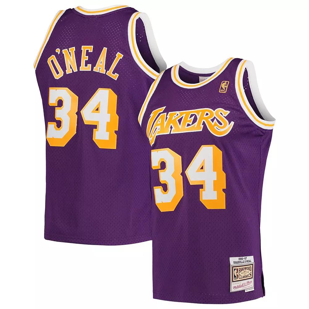Men's Mitchell & Ness Shaquille O'Neal Purple Los Angeles Lakers Hardwood Classics 1996-97 Swingman Jersey, Size: Small Product Image