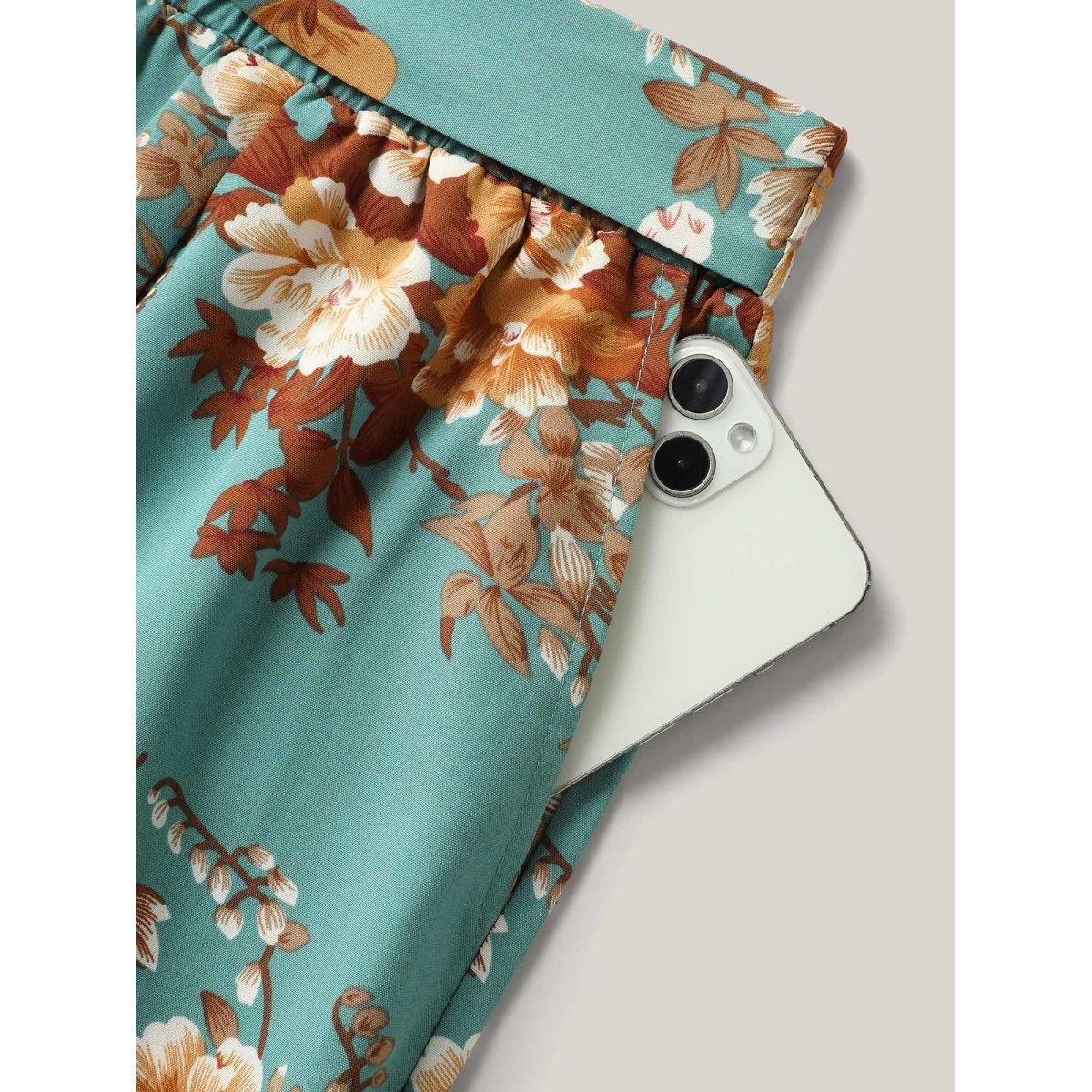 Plus Size Sweet Floral Print Belted Wide-Leg Pants Women Emerald Formal Wide Leg Mid Rise Party Pants BloomChic 14-16/1X Product Image