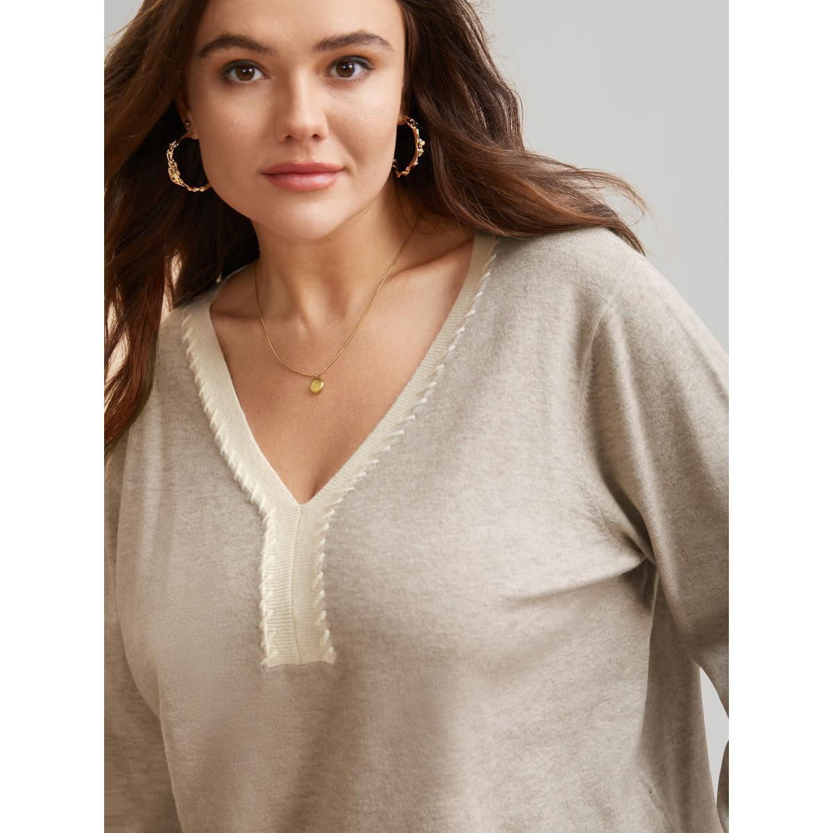 Plus Size Supersoft Essentials V Neck Contrast Crochet Pullover Apricot Women Casual Long Sleeve V-neck Everyday Pullovers BloomChic 12/L Product Image