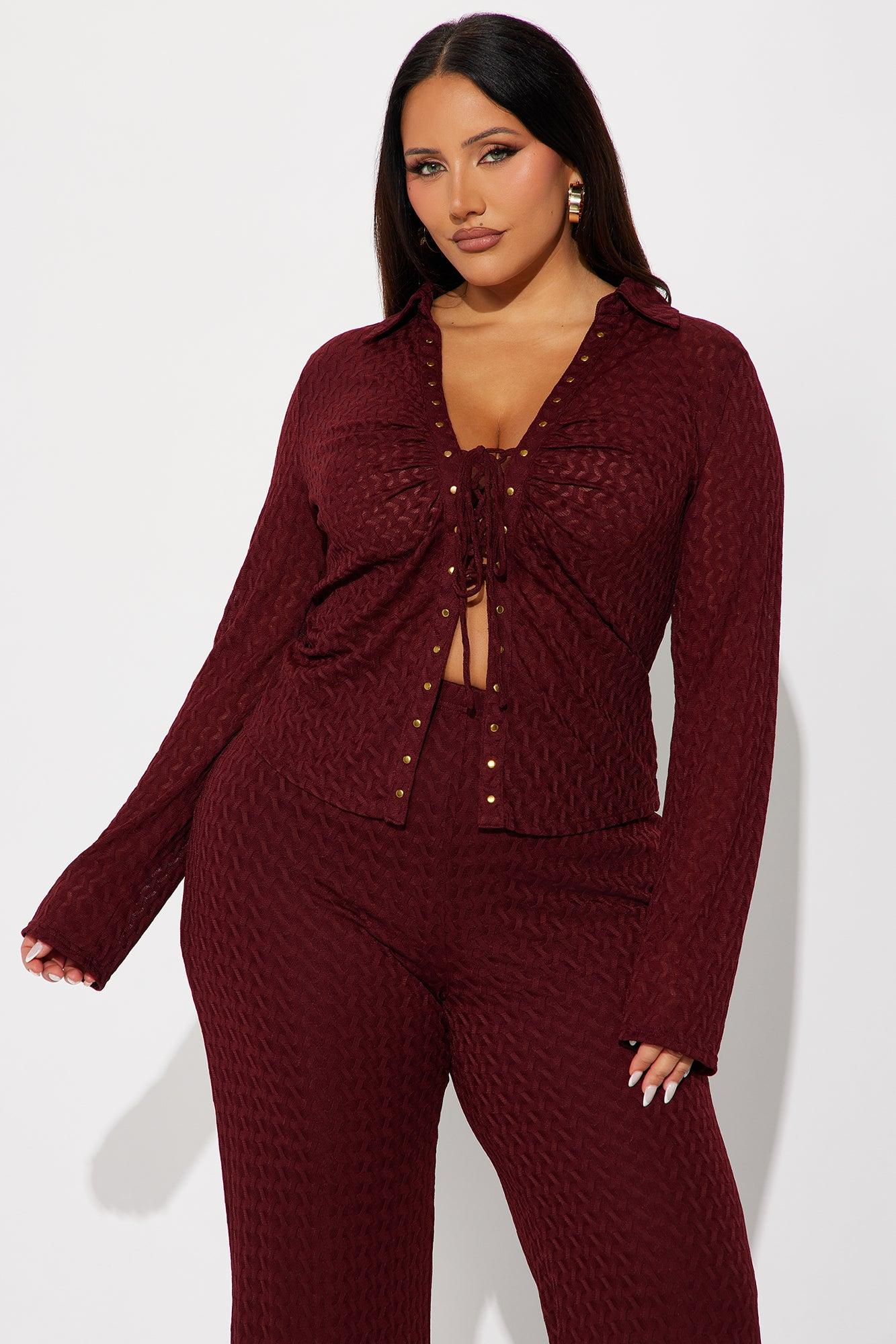 Taking It Back Textured Mesh Pant Set - Wine Female Product Image