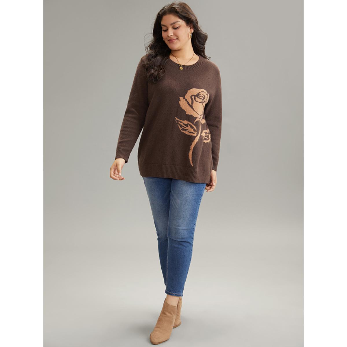 Plus Size Anti-Pilling Floral Graphic Crew Neck Pullover DarkBrown Women Casual Loose Long Sleeve Round Neck Dailywear Pullovers BloomChic 18-20/2X Product Image