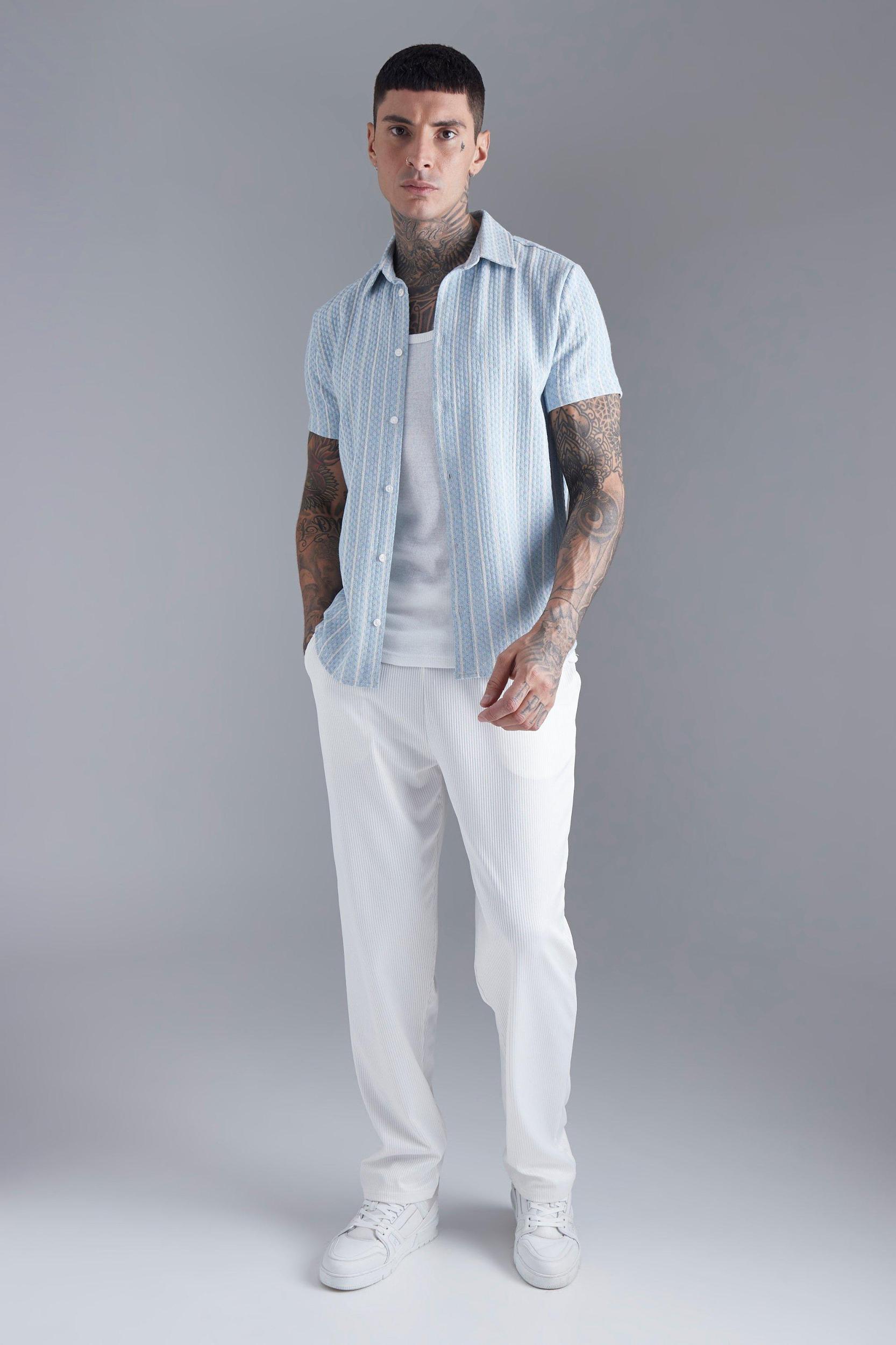 Short Sleeve Textured Stripe Regular Fit Shirt | boohooMAN USA Product Image