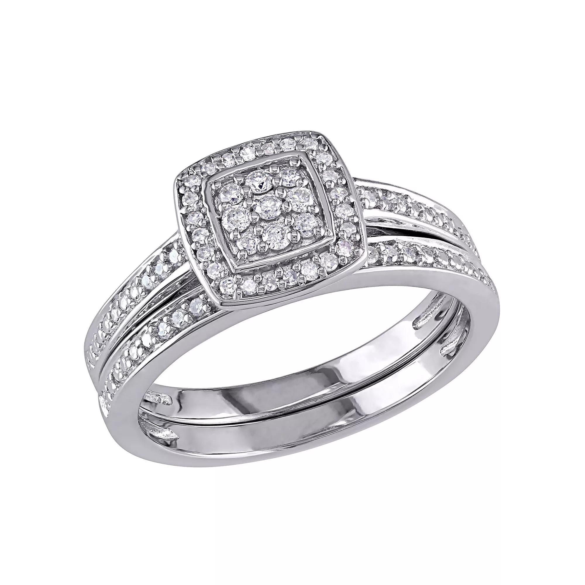 Diamond Halo Engagement Ring Set in Sterling Silver (1/4 ct. T.W.), Womens White Product Image