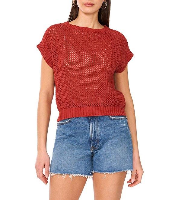 Vince Camuto Sweater Pointelle Crew Neck Short Sleeve Vest Product Image