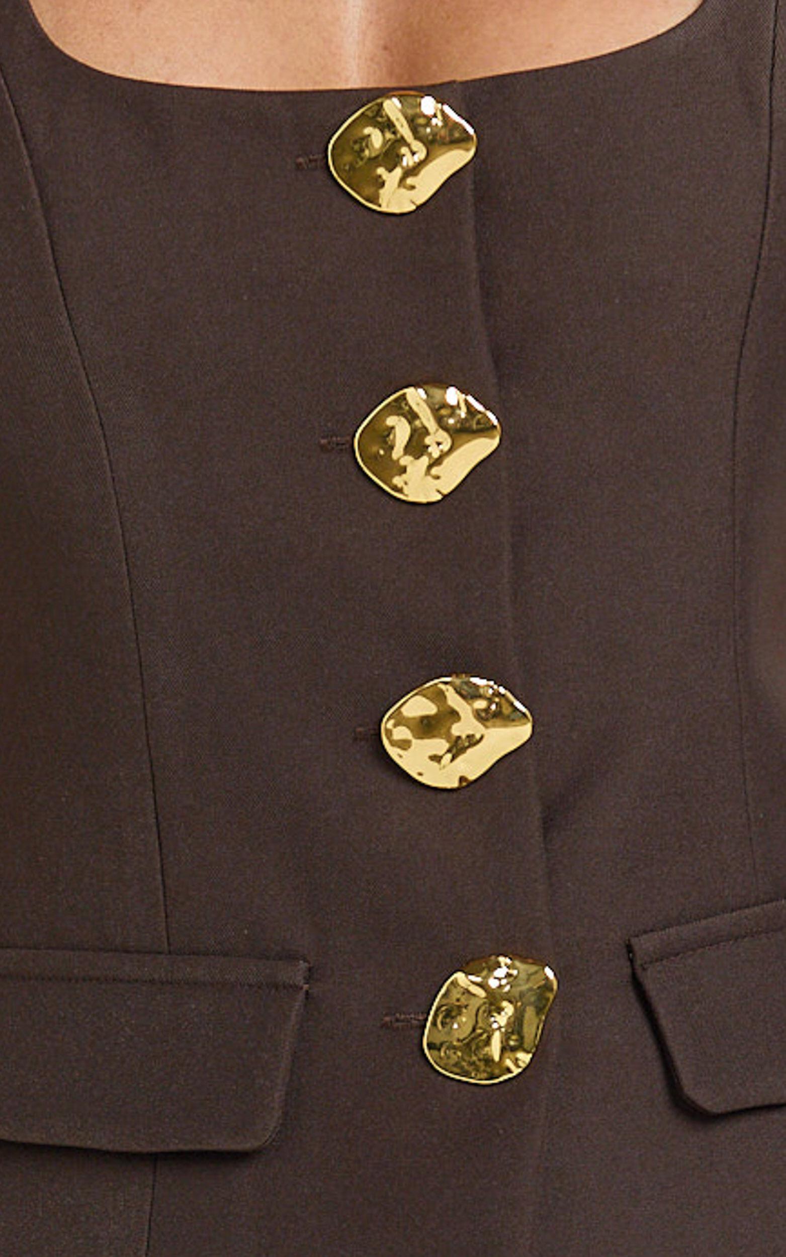 Phyllis Two Piece Set - Tailored Scoop Neck Vest Top and A Line Mini Skirt Set with Gold Buttons in Chocolate Product Image