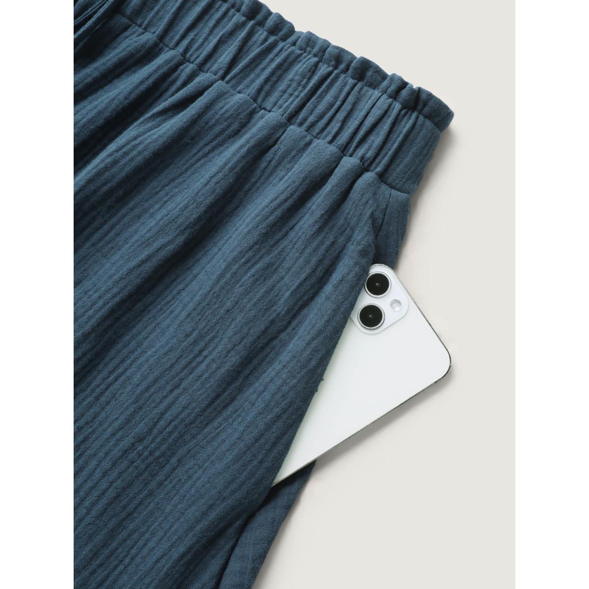 Plus Size Cotton Textured Waist Tie Wide-Leg Shorts Women Indigo Resort Drawstring Wide Leg Vacation Shorts BloomChic 30/6X Product Image