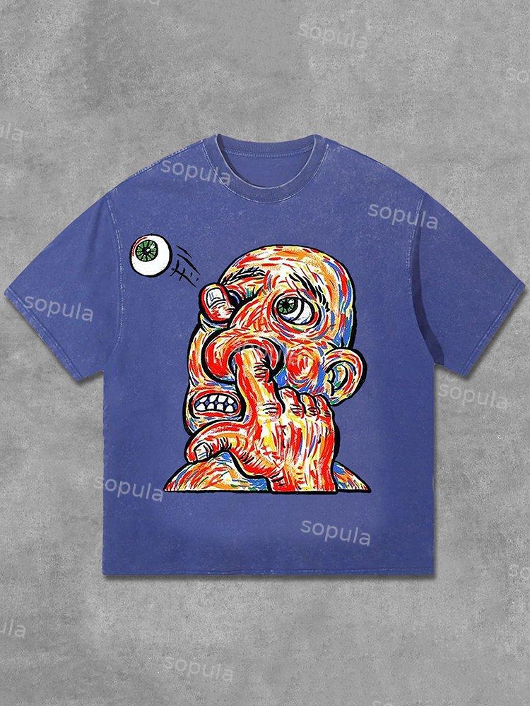 Retro Cartoon Portrait Graphic Print Acid Washed T-Shirt Product Image