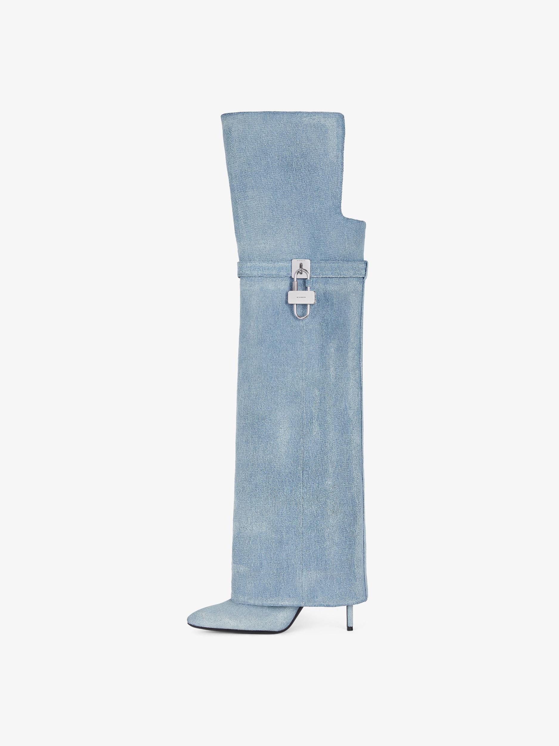 Shark Lock Stiletto over-the-knee boots in washed denim Product Image