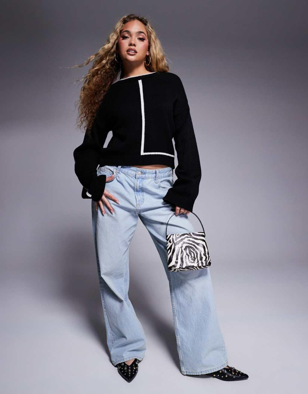 ASOS DESIGN knitted crew neck sweater with contrast tipping in mono Product Image