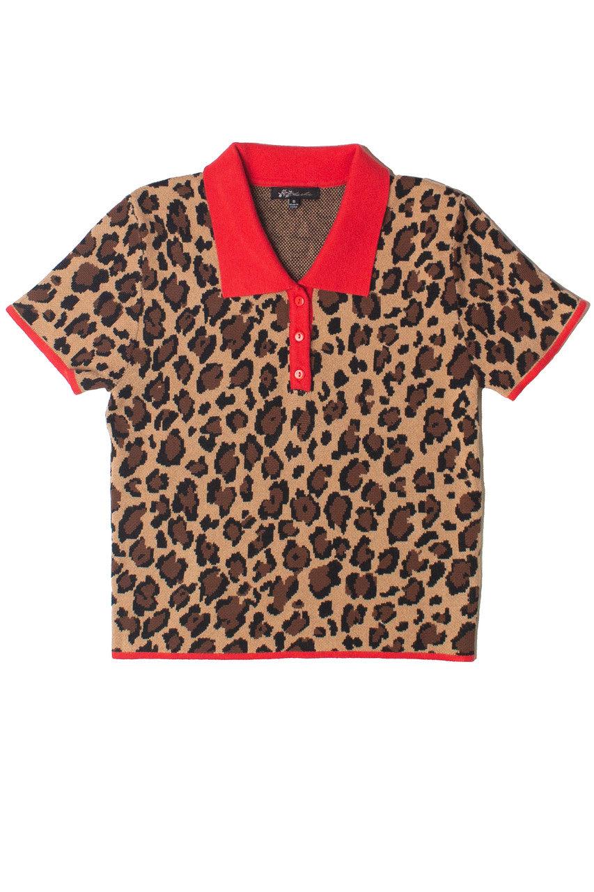 Red Trim Leopard Print Knit Polo Product Image