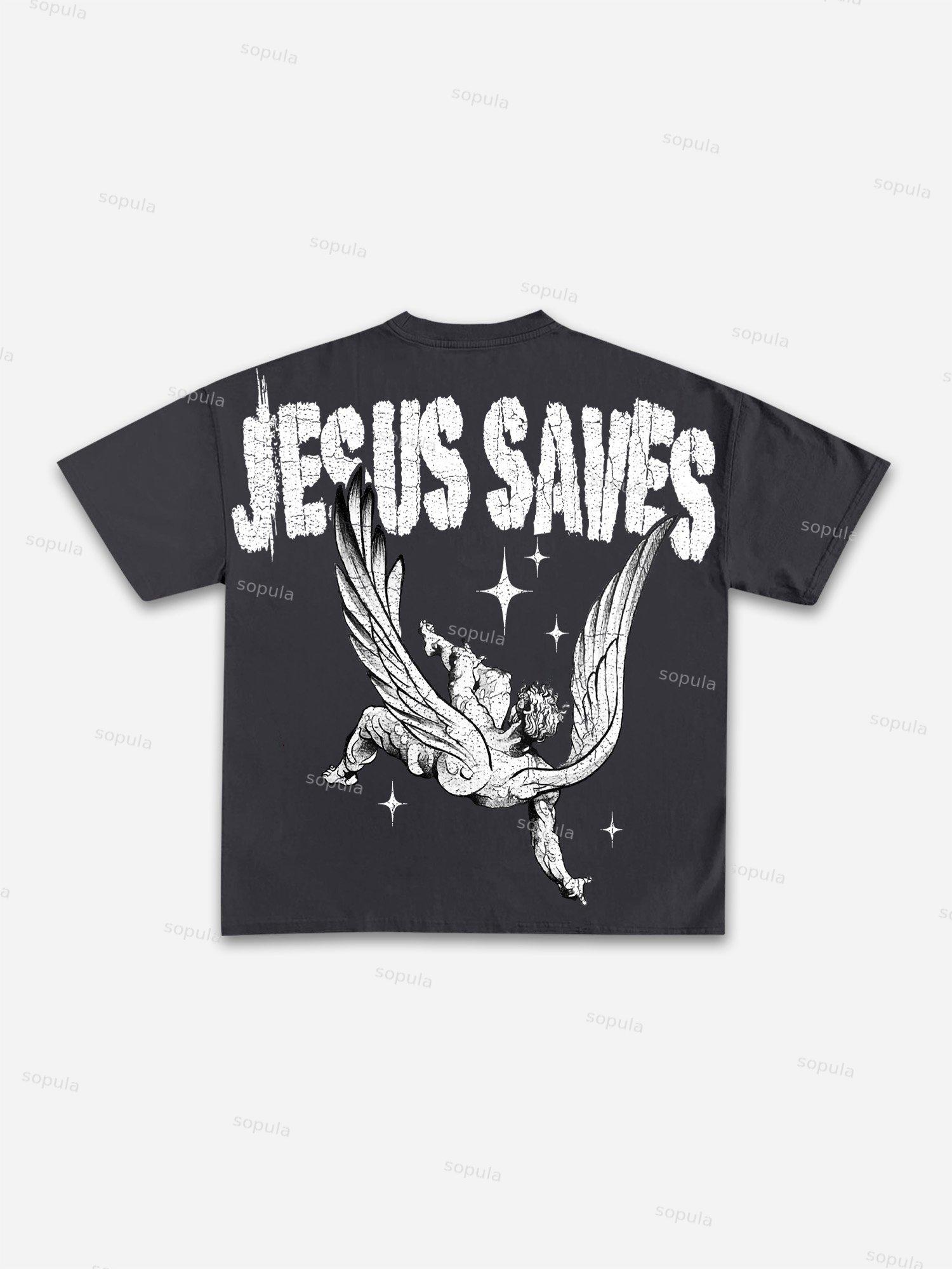 Jesus Saves Angels Print Cotton T-shirt Product Image