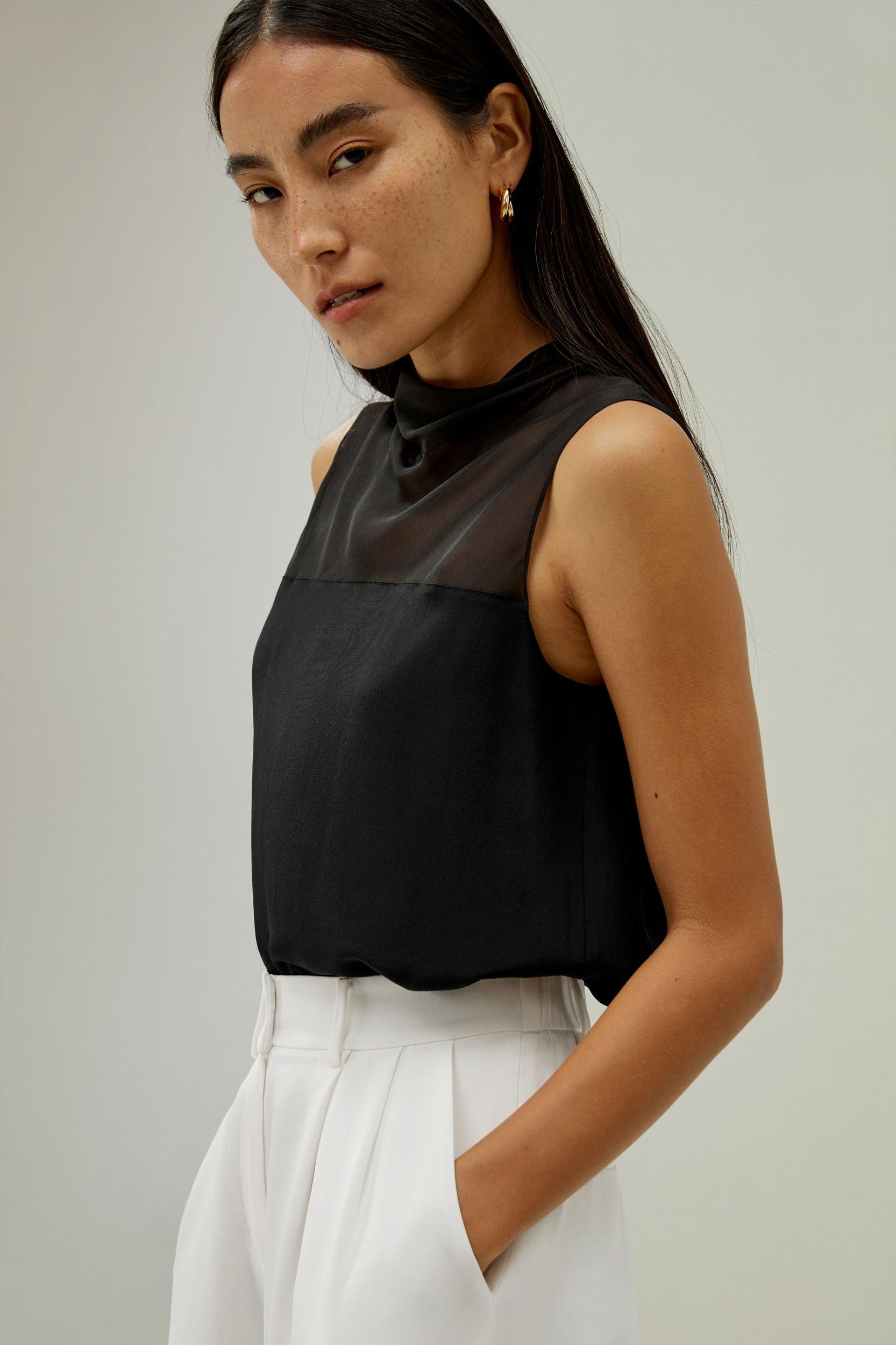 Cowl Half-High Neck Sleeveless Silk Top Product Image