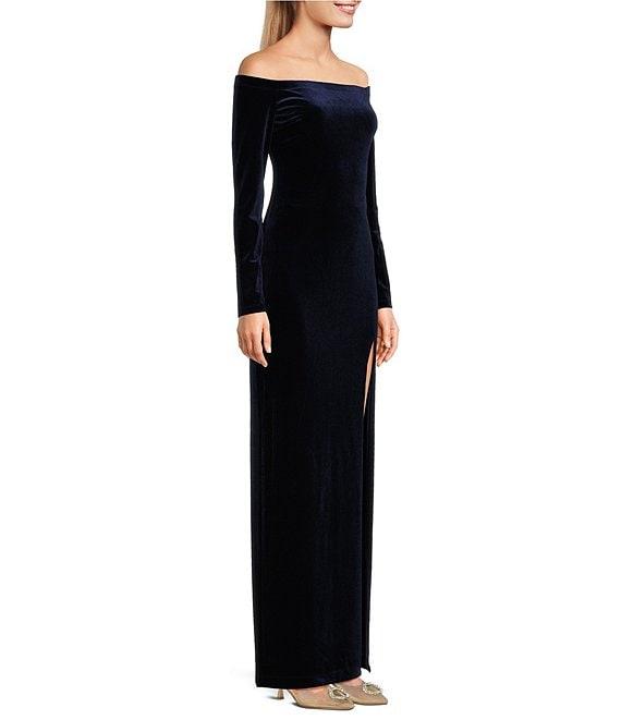 Pear Culture Velvet Long Sleeve Off-The-Shoulder Slim Long Dress Product Image
