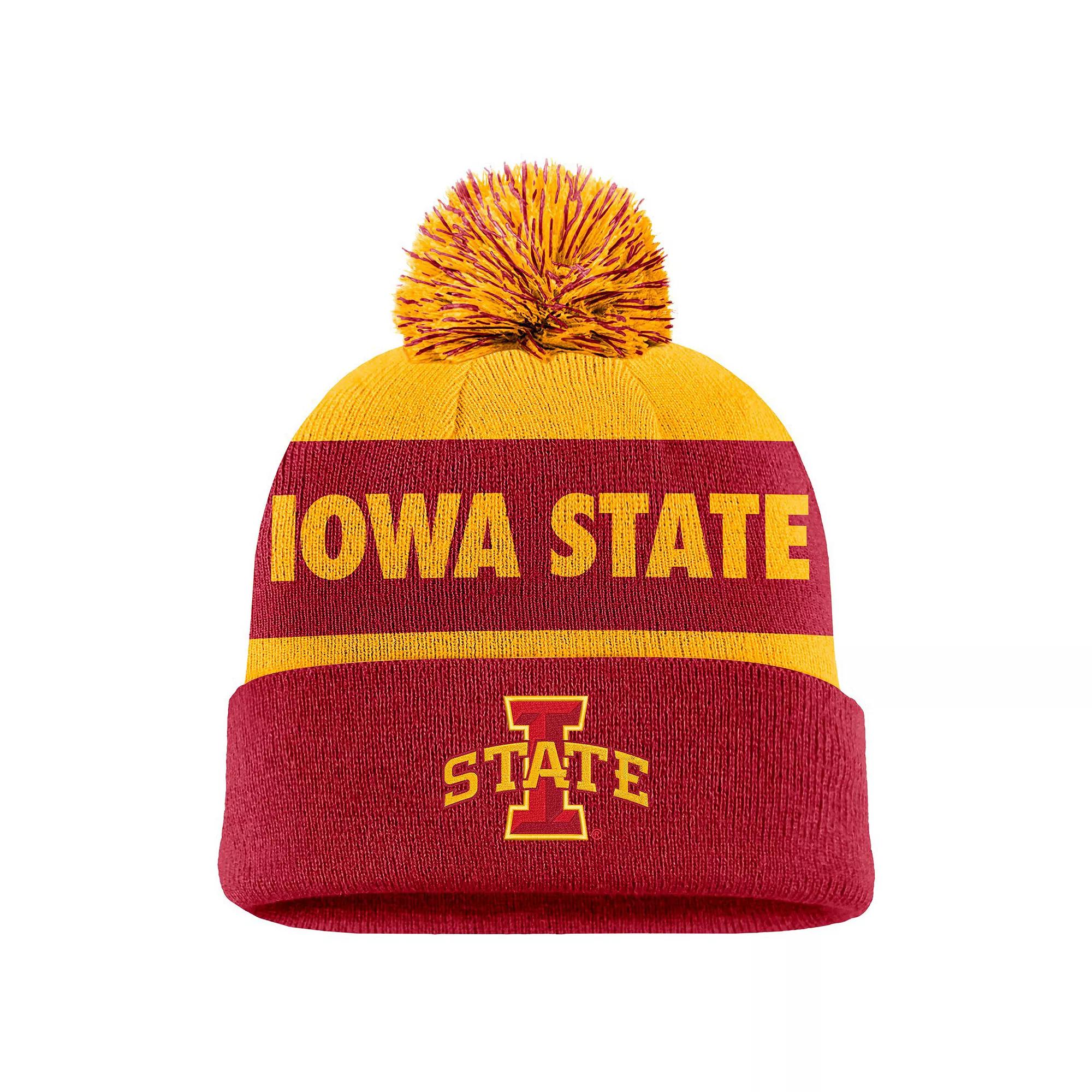 Men's Nike Gold/Crimson Iowa State Cyclones Peak Stripe Cuffed Knit Hat with Pom Product Image