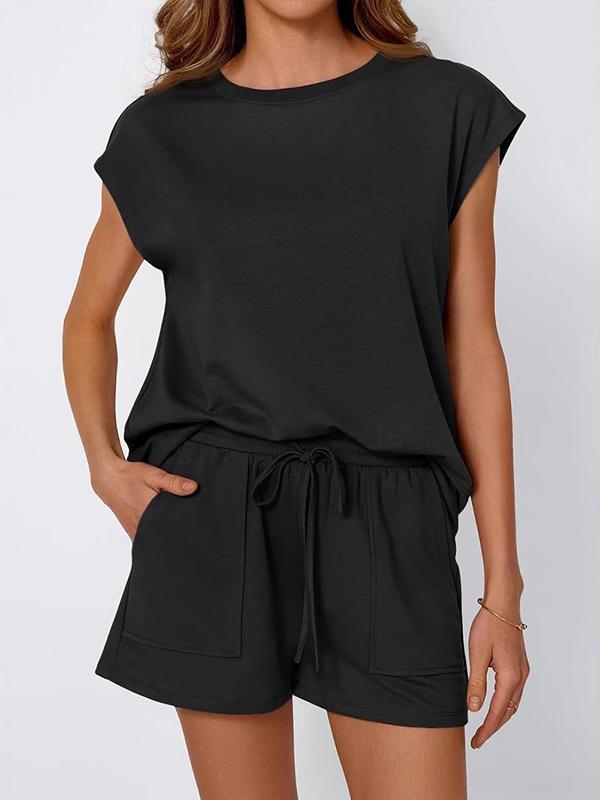 Loose Raglan Sleeve Solid Color Split-Joint Round-Neck T-Shirt + Drawstring Elasticity Shorts Two Pieces Set Product Image