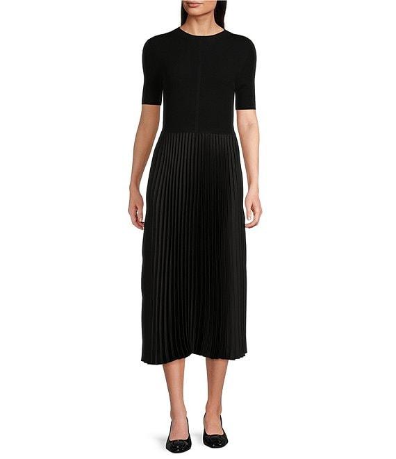 BOSS by HUGO BOSS Fadrid Mixed Media Knit And Woven Round Neck Short Sleeve Pleated Midi Dress Product Image