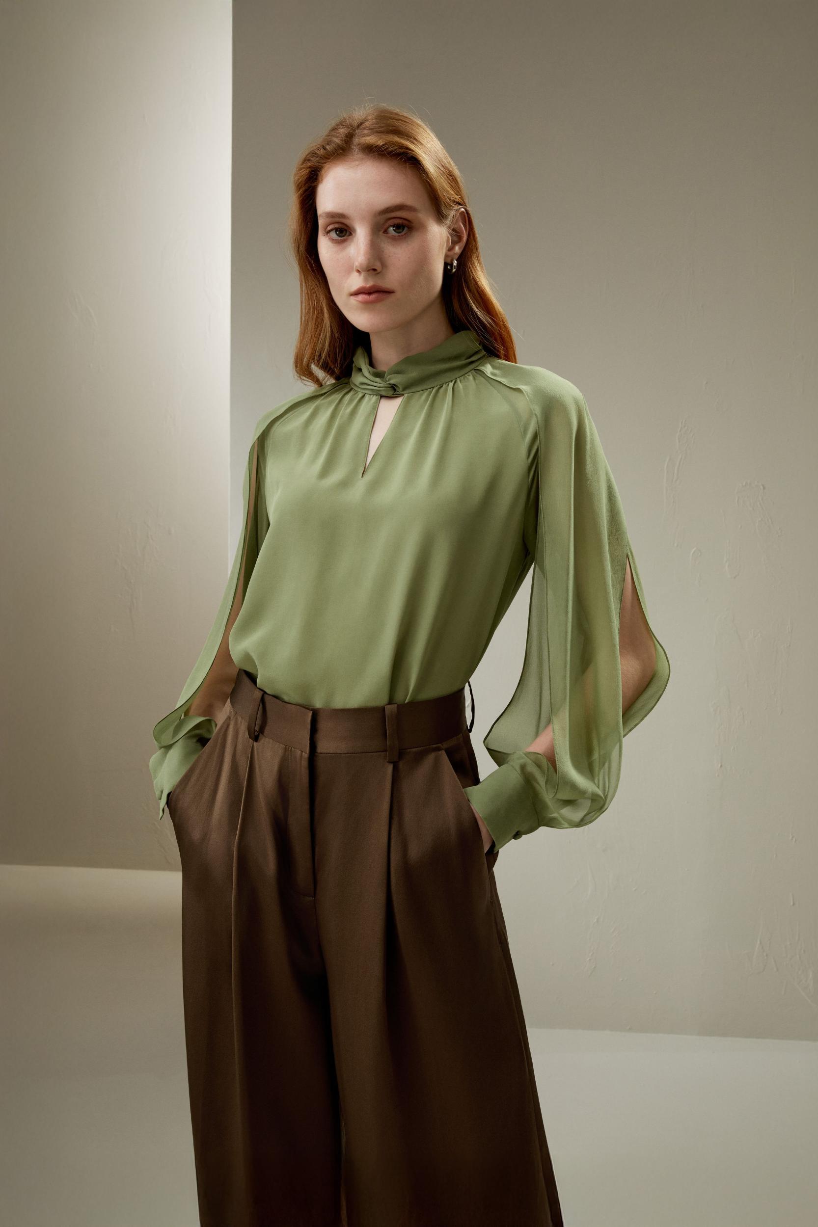 LILYSILK Women's Silk Crepe Side Slit Lantern Sleeve Blouse Top Pistachio XXS Product Image