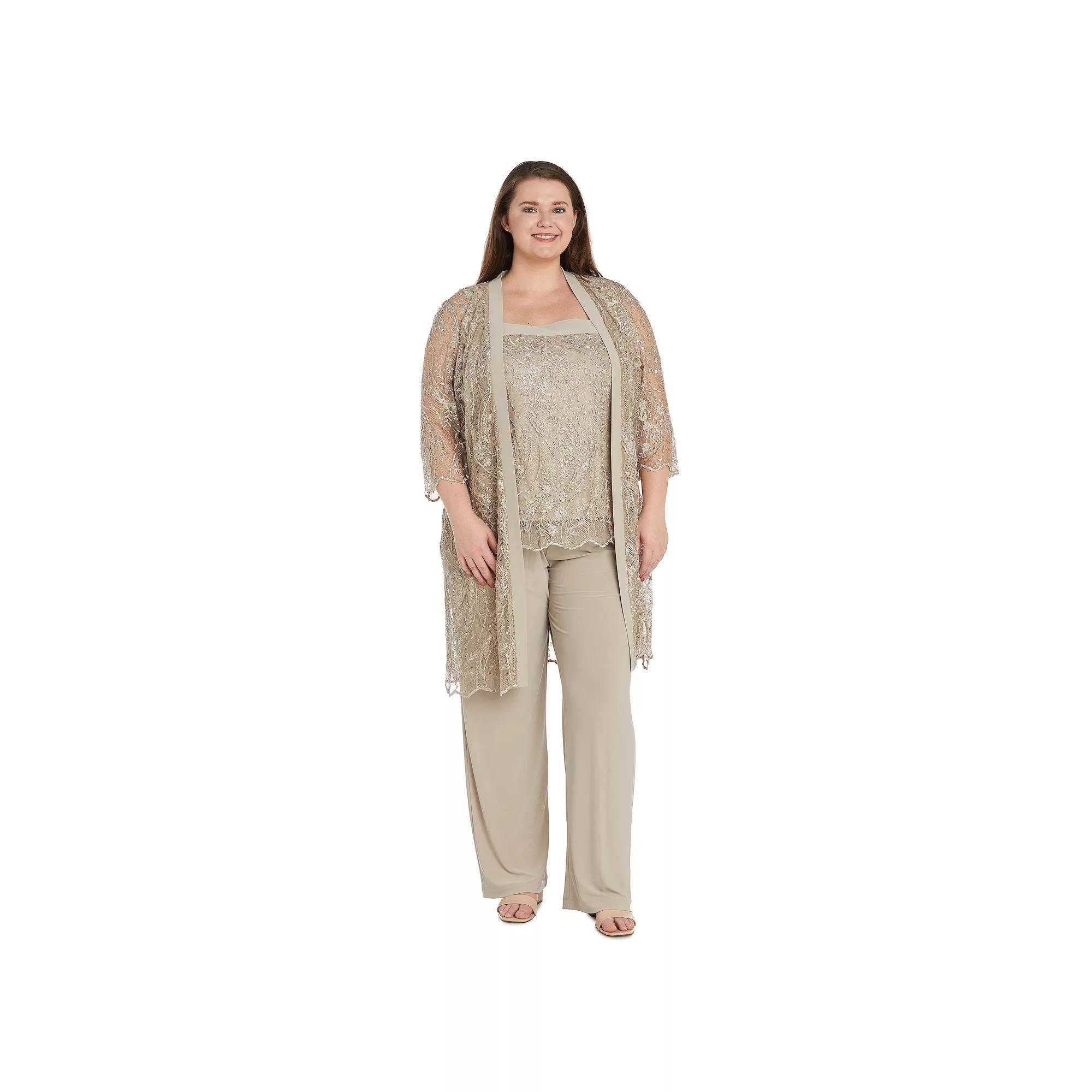Plus Size R&M Richards 3-pc. Embroidered Sequin Lace Jacket, Tank & Jersey Pant Set, Women's, Size: 16 W, Beige Product Image