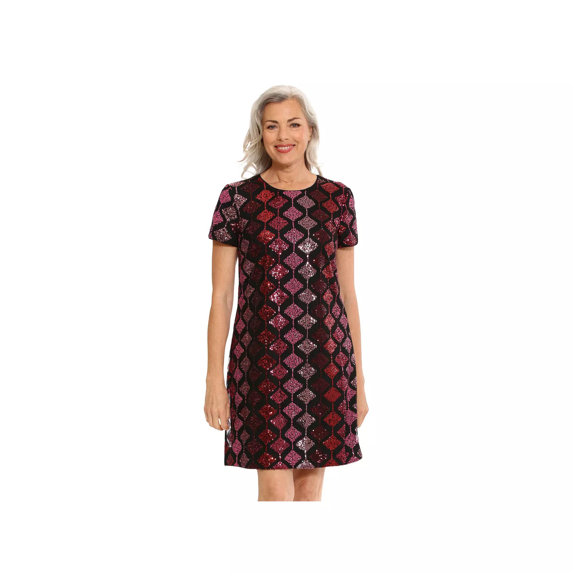 Women's London Times Sequin T-Shirt Dress, Size: 14, Black Pink Product Image