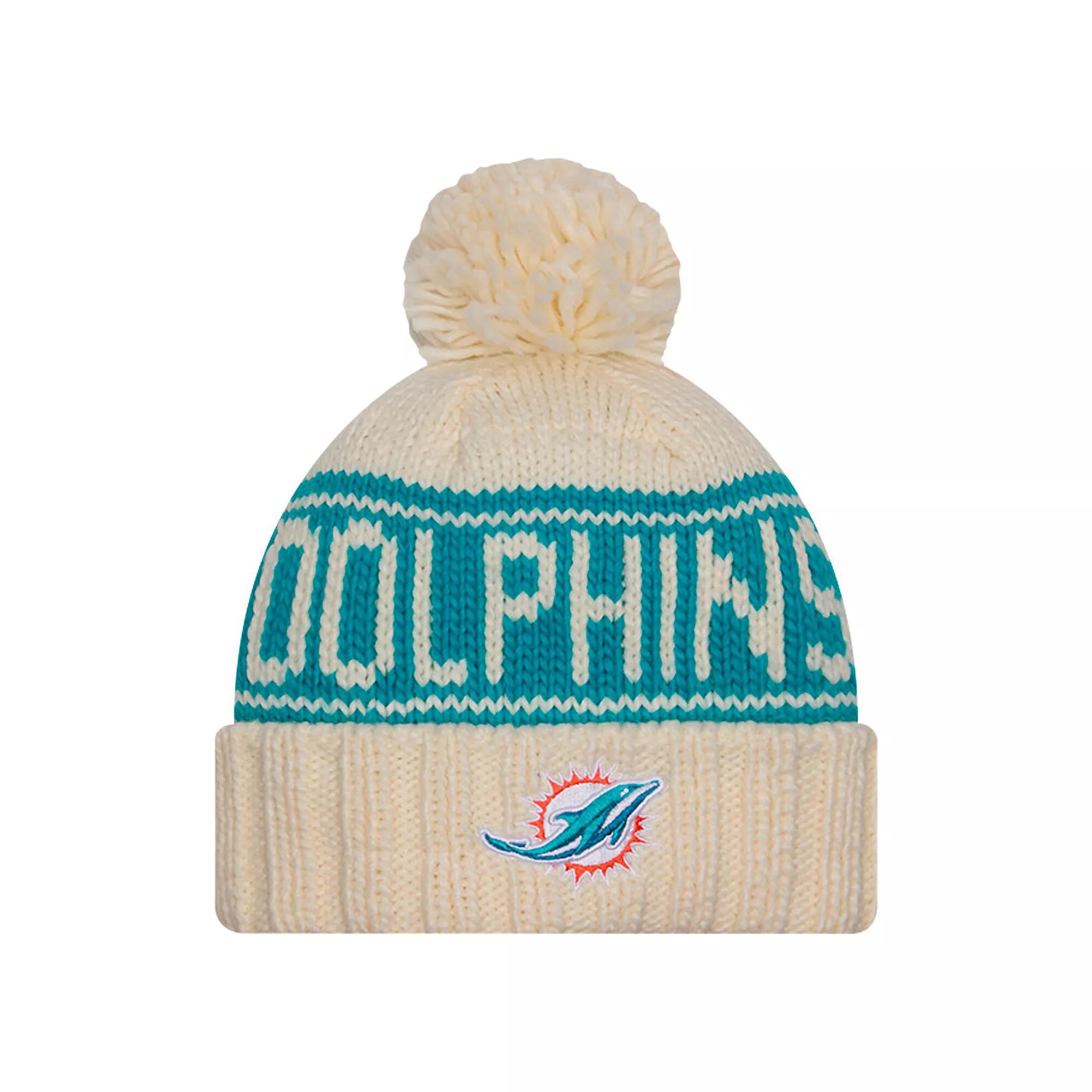 Women's New Era Cream Miami Dolphins 2024 Sideline Cuffed Knit Hat with Pom, Beige Product Image