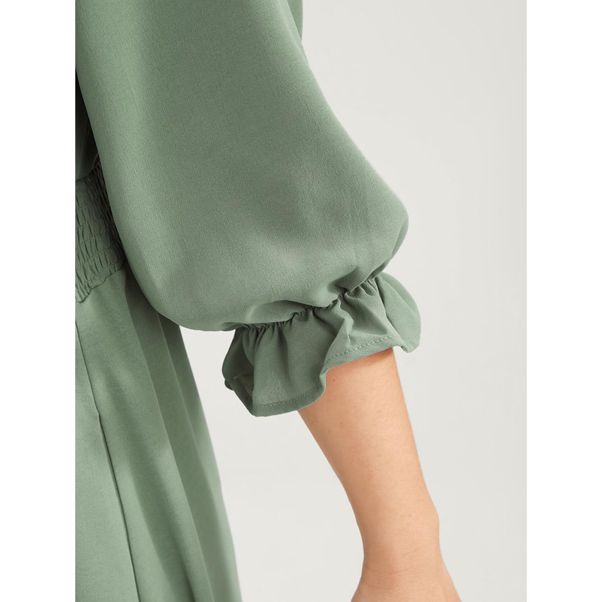 Plus Size Plain Lantern Sleeve Button Detail Pocket Shirred Ruffle Hem Dress Mint Women Elegant Patchwork V-neck Elbow-length sleeve Curvy Midi Dress BloomChic 28/5X Product Image