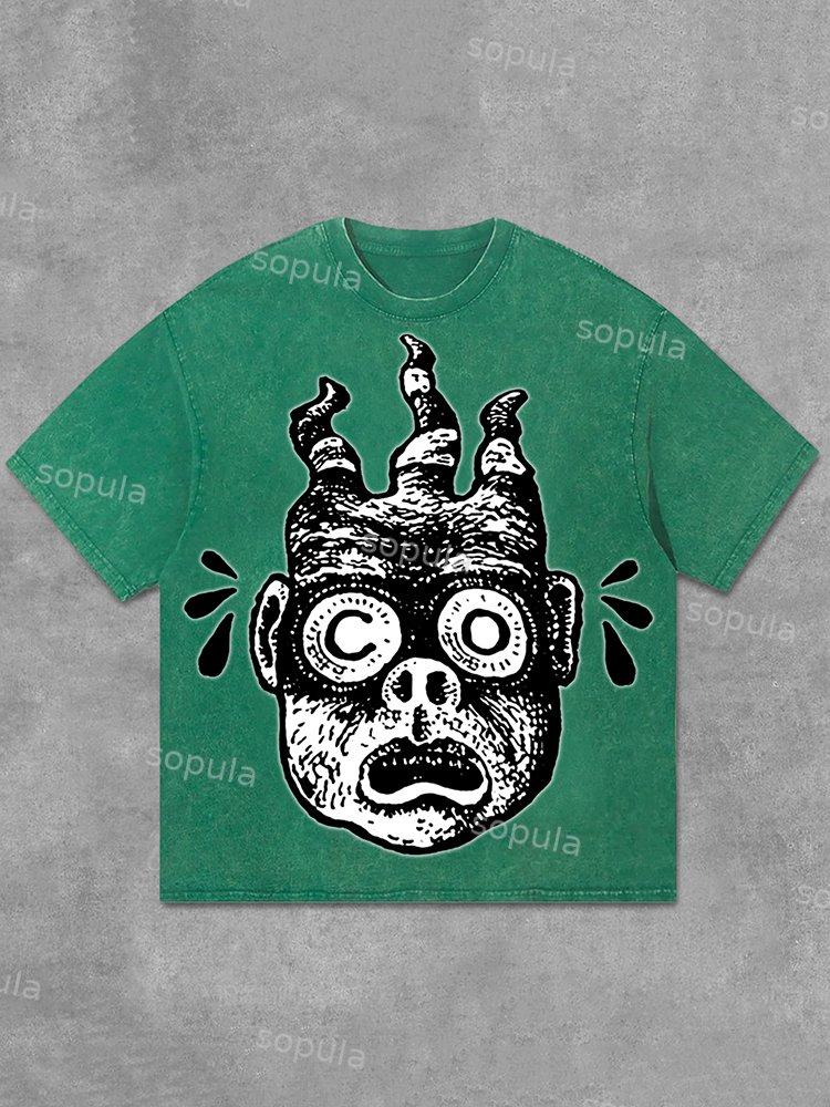 Men's Funny Cartoon Avatar Graphic Acid Washed T-Shirt Product Image