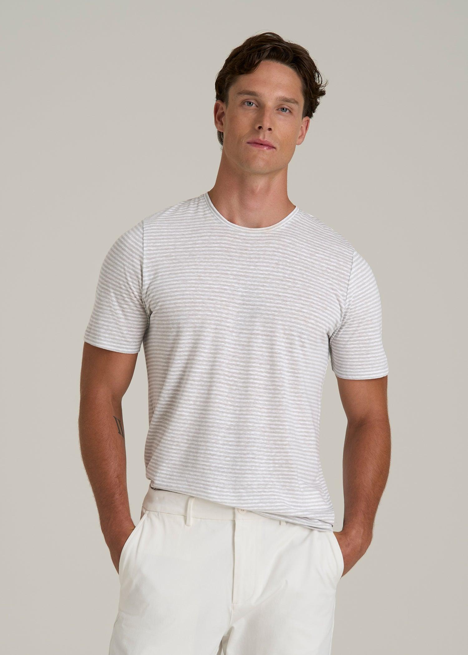 Linen Crewneck T-Shirt for Tall Men in Grey and White Mini Stripe Male Product Image