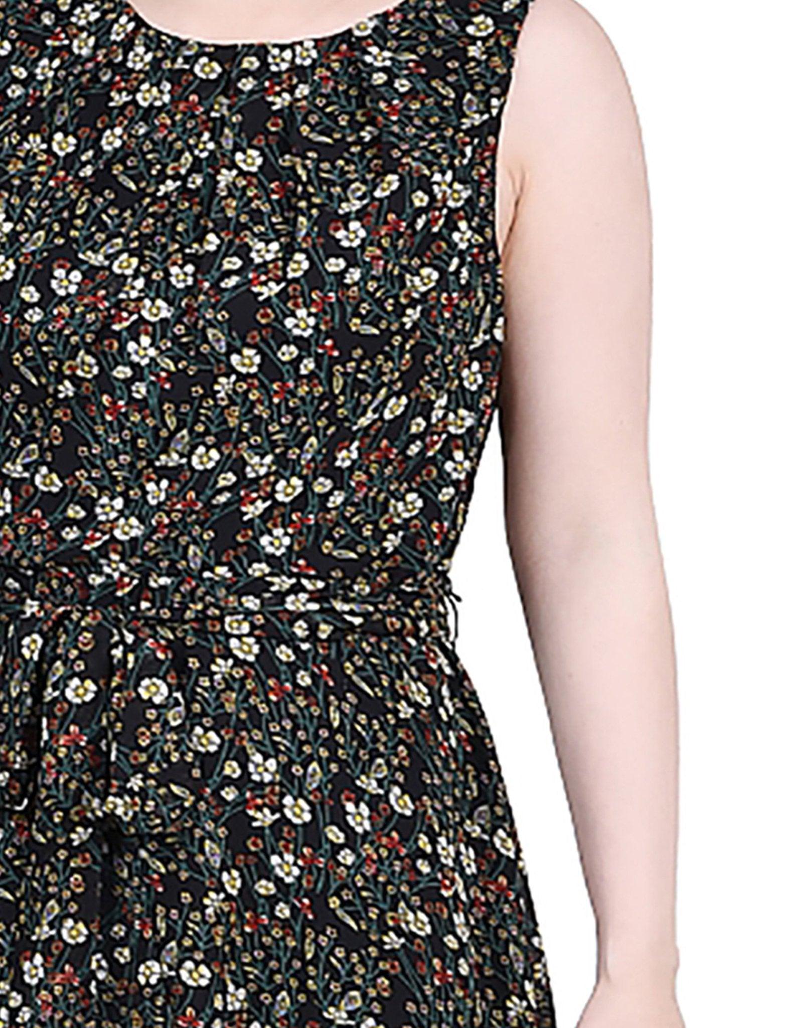 Black Ditsy Floral Sleeveless Chiffon Belted Dress - Petite Product Image