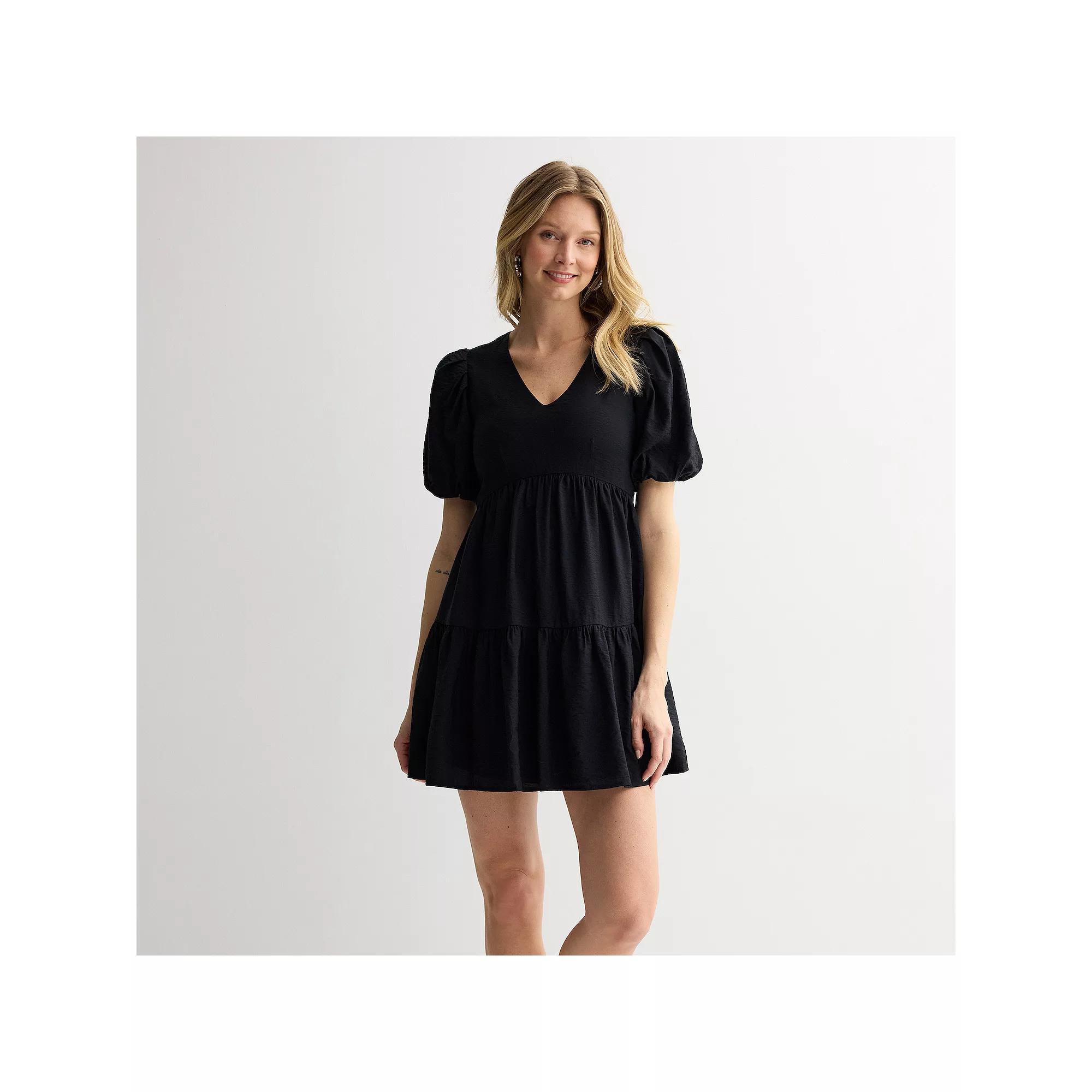 Petite Nine West Bubble Sleeve Babydoll Dress, Women's, Size: Small Petite, Mineral Black Product Image